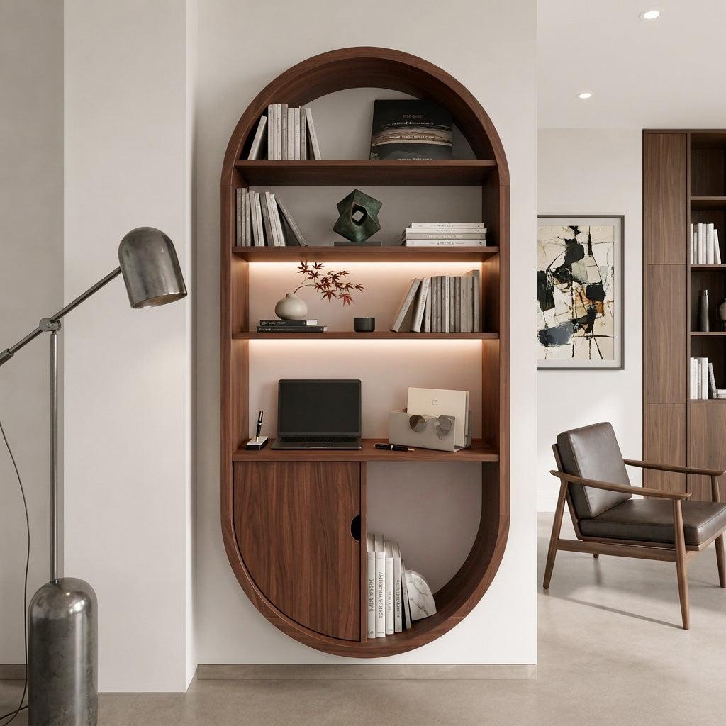 Arched Wooden Wall Bookshelf with Cabinet & Lighting, Solid Wood Storage Bookcase for Living Room, Home Office