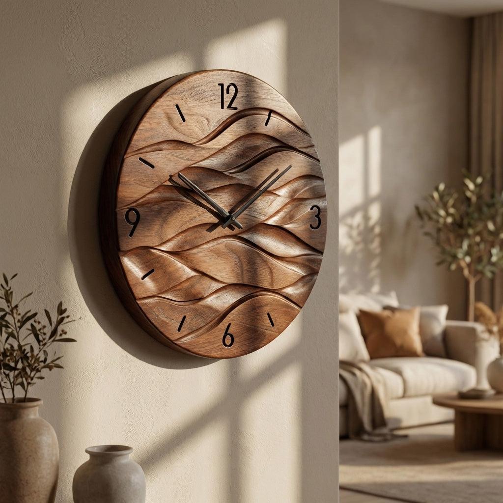Organic Modern Wood Wave Wall Clock, 3D Hand-Carved Fluid Abstract Clock for Living Room & Bedroom Decor