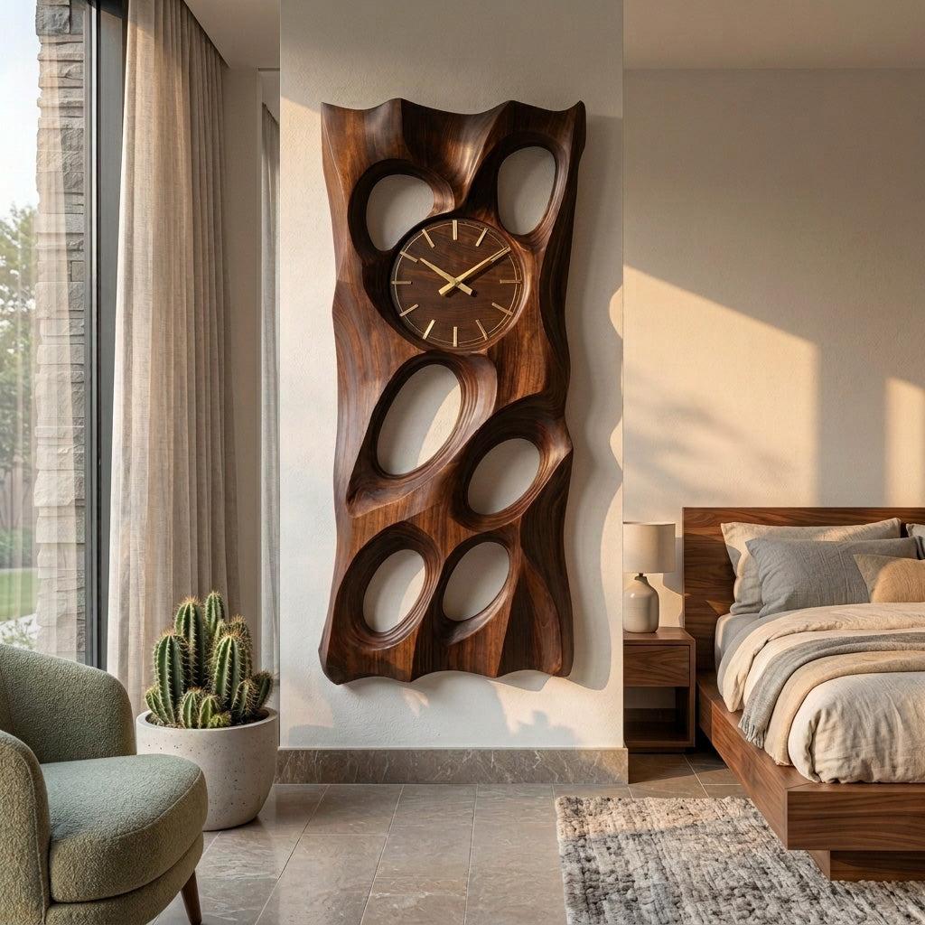 Wooden Wall Clock with Openwork Geometric Design, Modern 3D Carved Wood Hanging Clock for Living Room Wall Decor