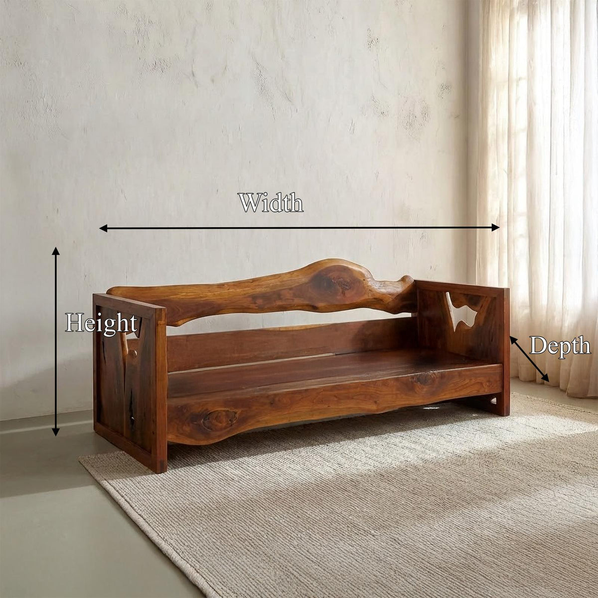 Rustic Solid Wood Sofa, Handcrafted Live Edge Natural Sculptural Couch/Daybed Frame for Living Room