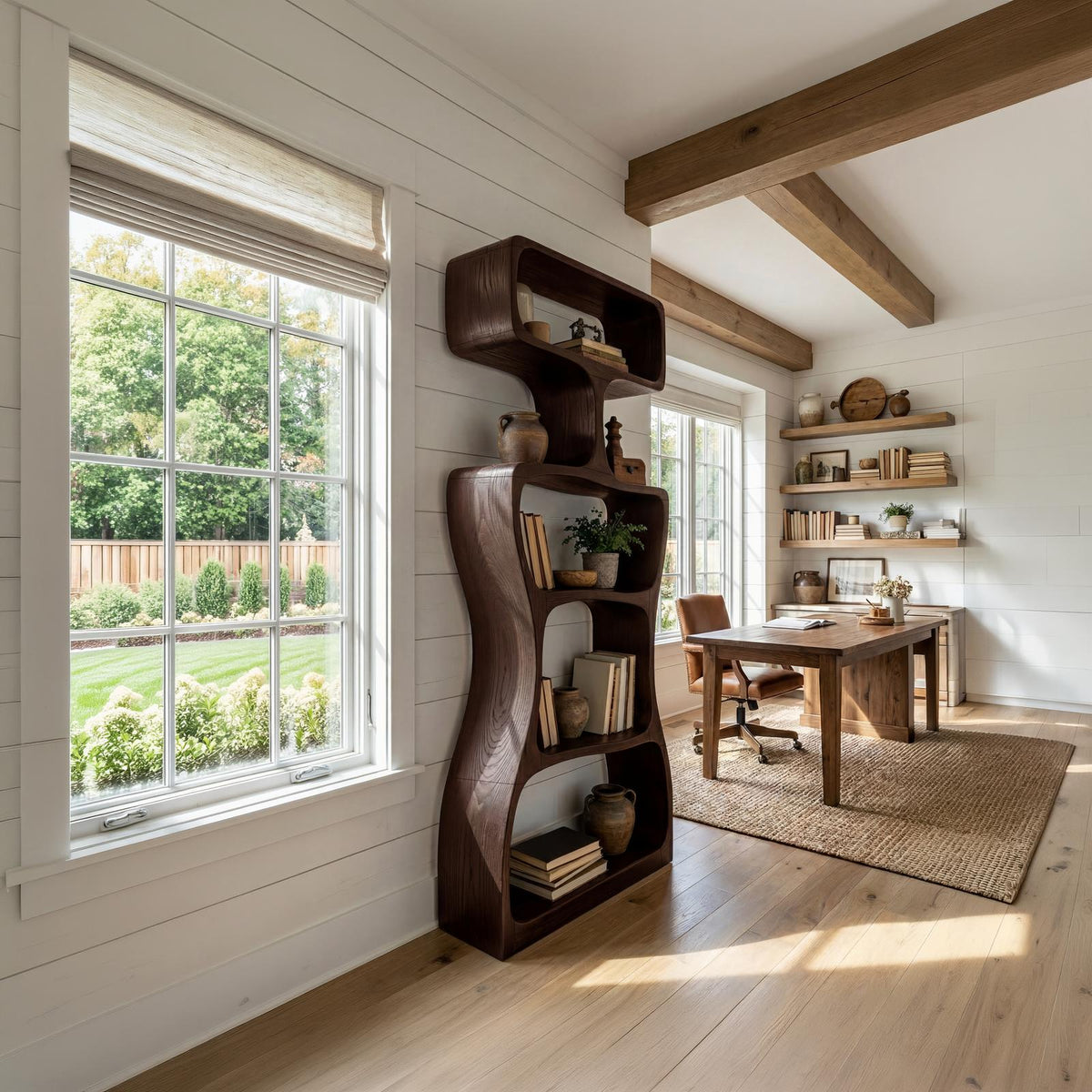 Organic Modern Asymmetrical Bookshelf, Unique Wooden Bookcase Shelf for Living Room & Reading Nook