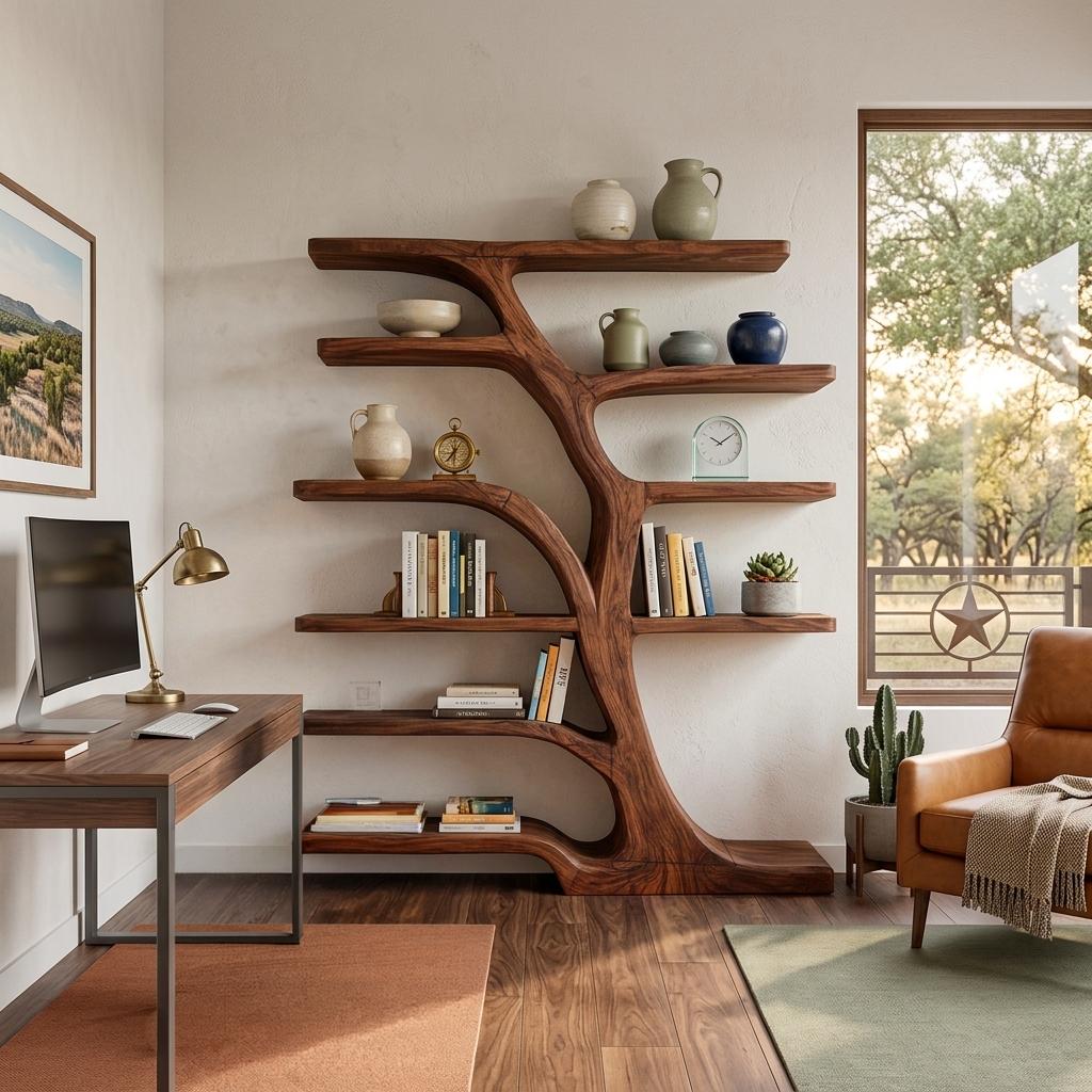 Modern Bookshelf with Flowing Curved Design, Handcrafted Solid Wood Bookcase for Elegant Living Room Display