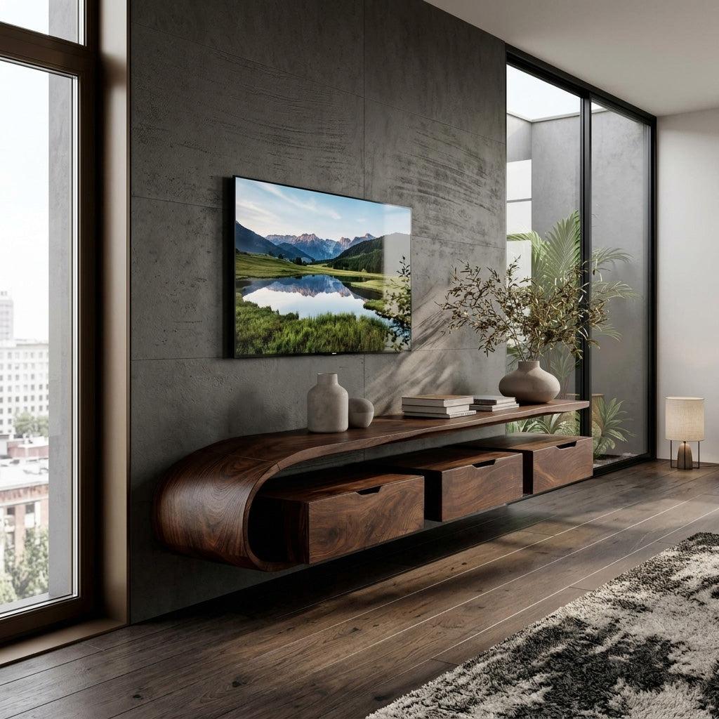 Minimal Curved Floating TV Console With Drawers For Living