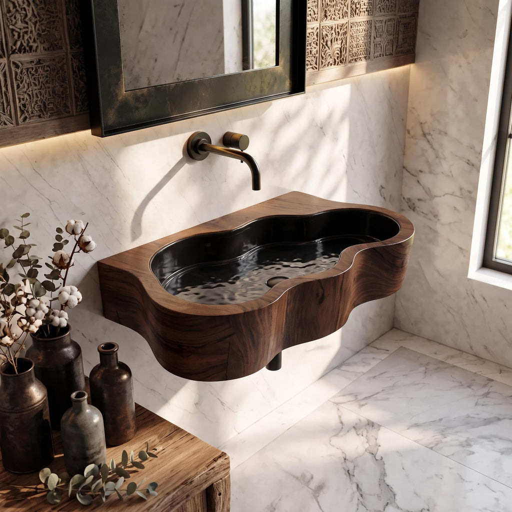 Modern Live Edge Wooden Vessel Sink, Contemporary Solid Wood Bathroom Wash Basin for Vanity Top