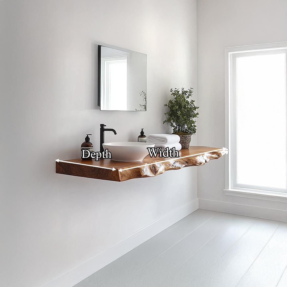 Spry Interior Floating Bathroom Vanity Shelf, Rustic Handcrafted Artisan Wood Washstand Countertop, Wall Mounted Bathroom Console SINLSABRV228