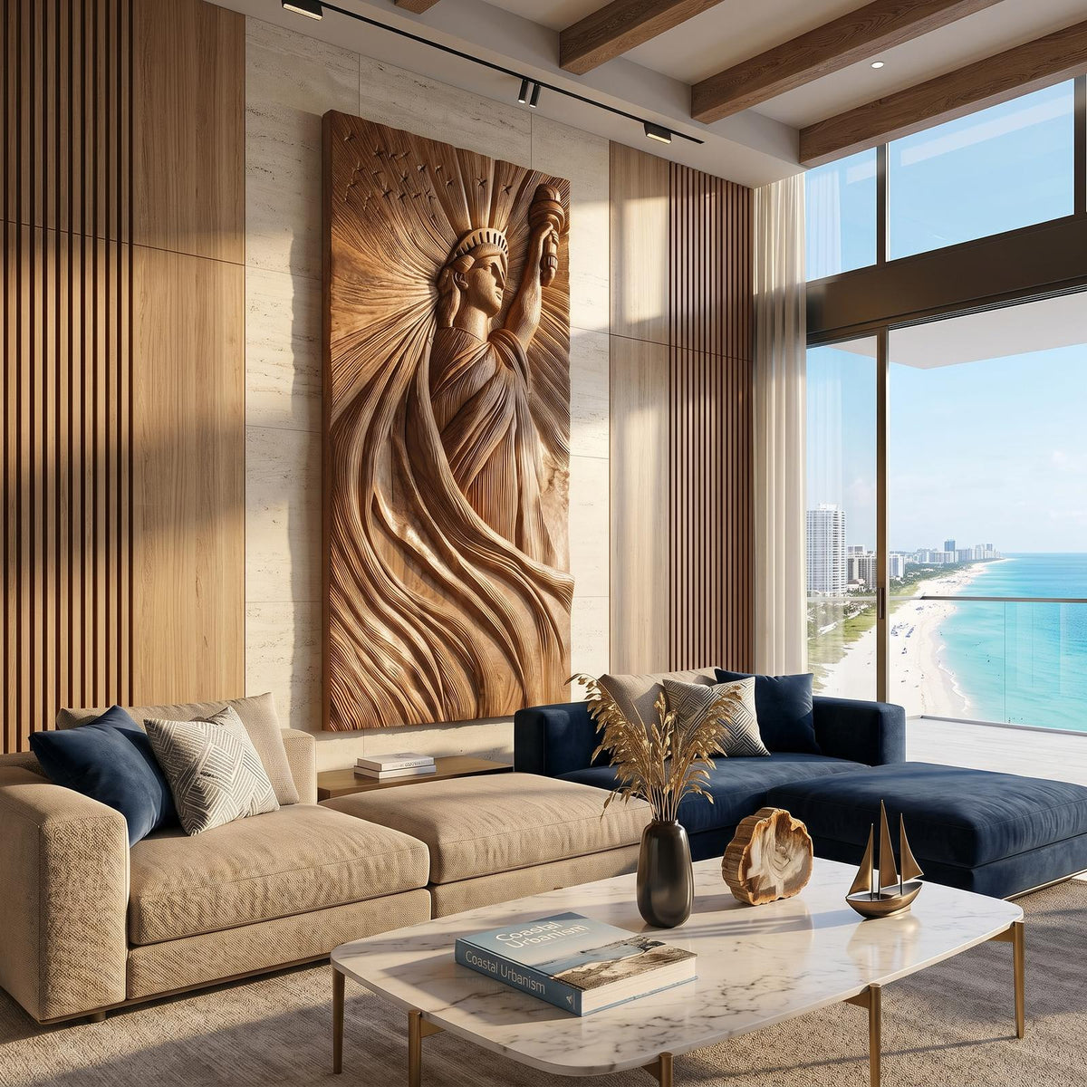 Coastal Modern Statue of Liberty Wood Wall Art, Handcrafted 3D Wooden Icon Sculpture Panel for Luxury Beach Villa Bedroom Decor, SILDTTRWA121