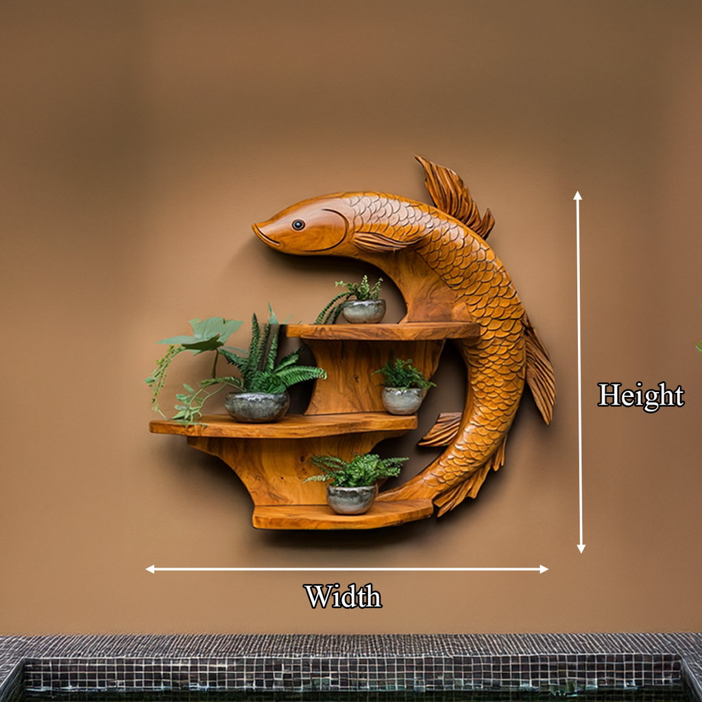 Zen Koi Fish Wall Display Shelf, Handcrafted Wood Floating Shelf for Asian-Inspired Living Room & Office Wall Decor