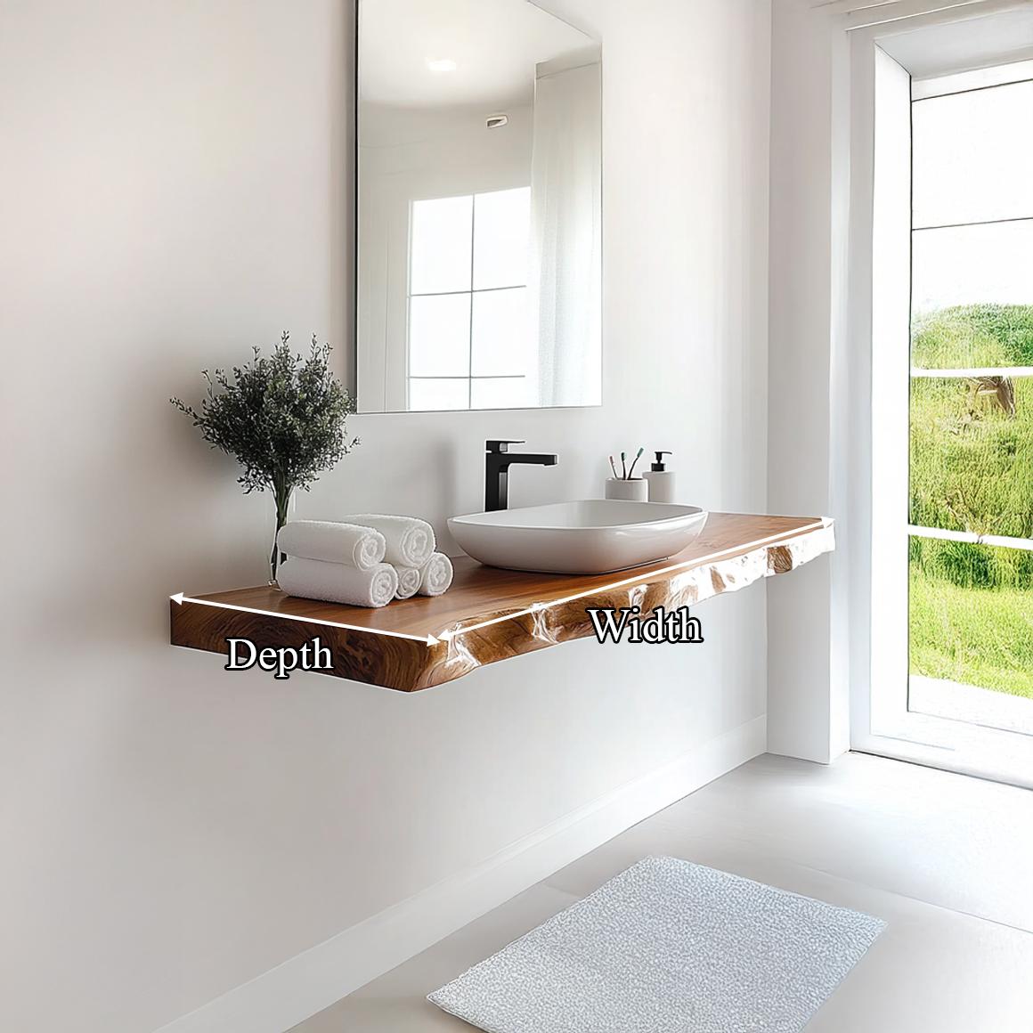 Spry Interior Mid Century Floating Bathroom Vanity, Live Edge Solid Wood Washstand Shelf, Wall Mounted Rustic Bathroom Storage Console SINLSABRV230