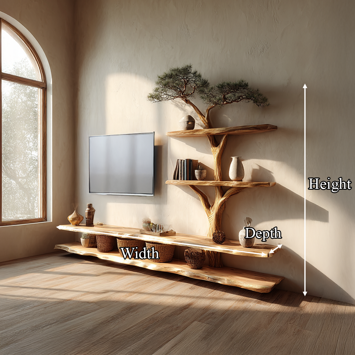 Teezano Rustic Bonsai Tree Wall Shelf & Under TV Floating Console, Solid Wood Branch Bookshelf for Living Room Decor, SINLSATB517