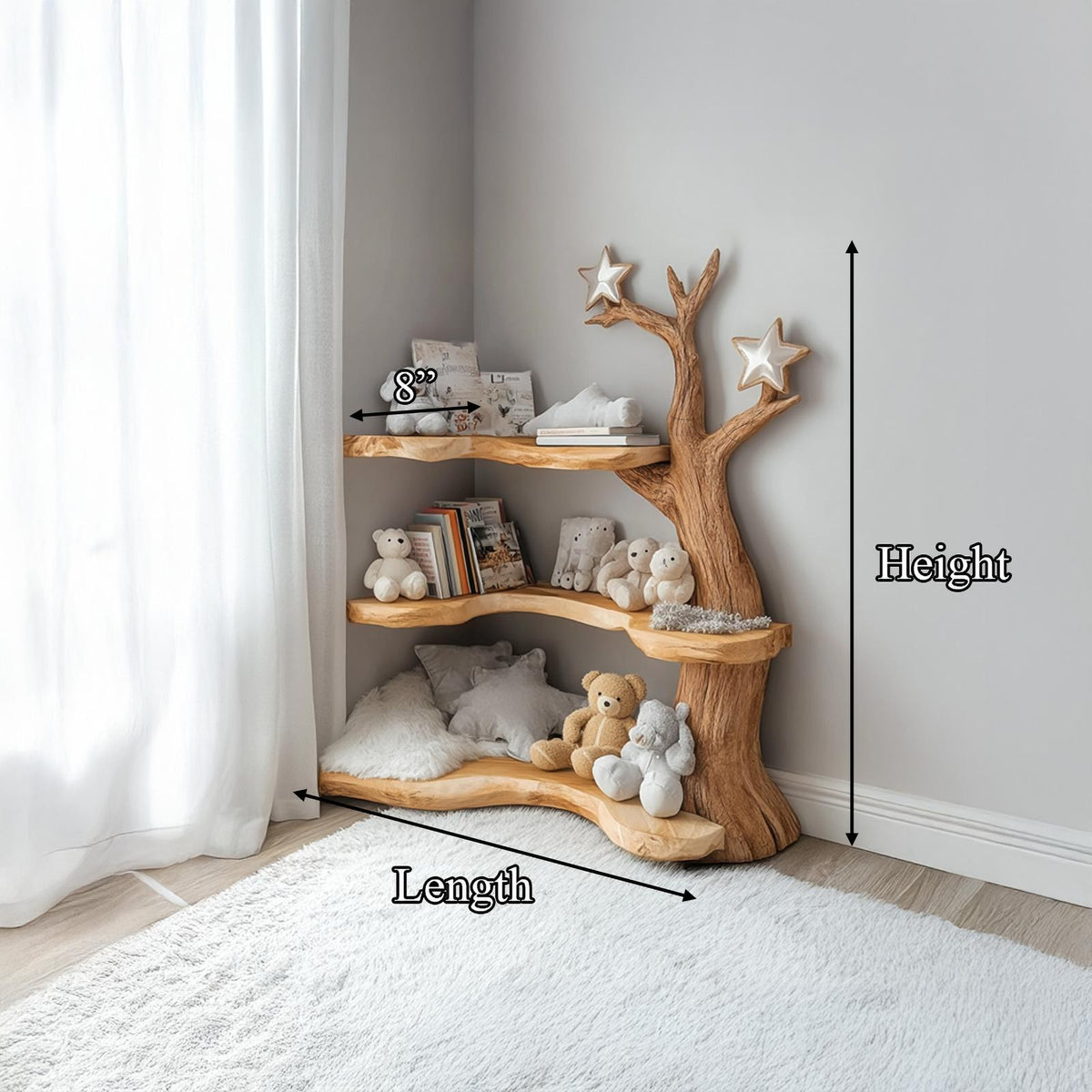 Rustic Tree Bookshelf, Handcrafted Solid Wood Bookcase & Floating Shelves for Baby Nursery Reading Nook Wall Storage