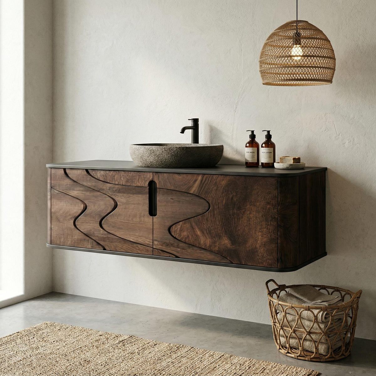 Organic Flow Bathroom Vanity Solid Wood Curved Front Storage Bathroom SINLHABCT018