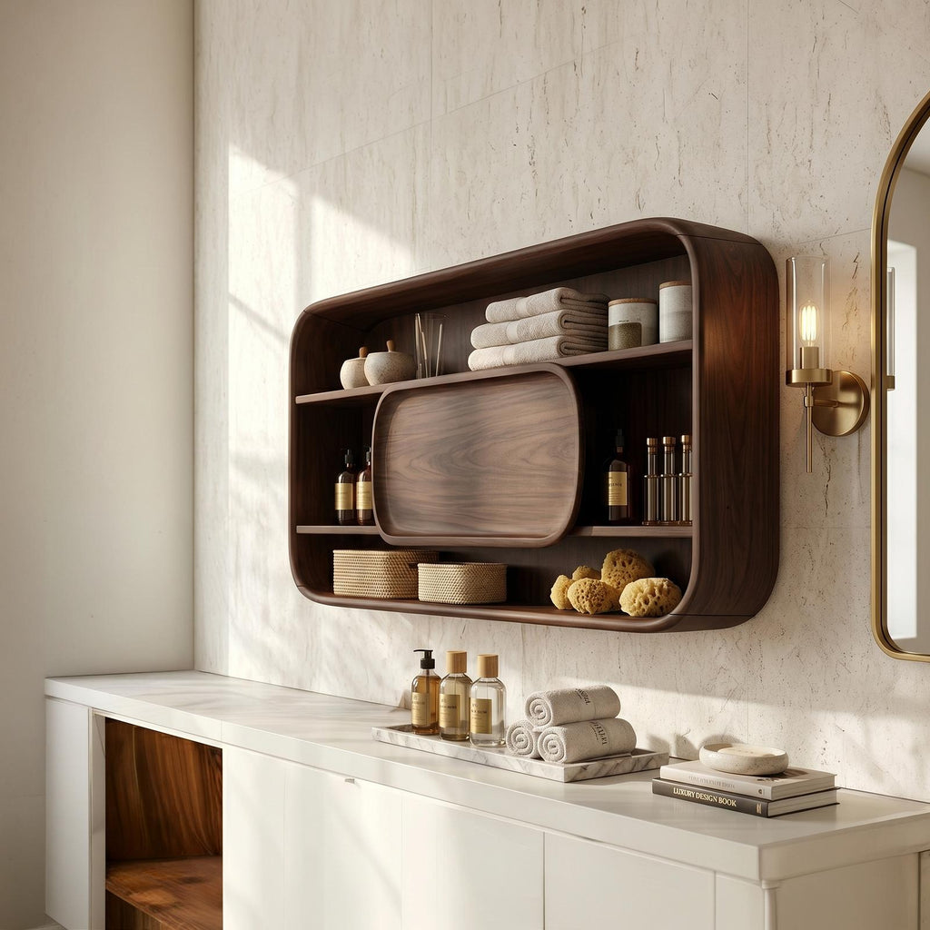 Spry Interior Contemporary Rounded Bathroom Cabinet, Solid Wood Luxury Suite Vanity Organiser Credenza, SILDTTRBRC011