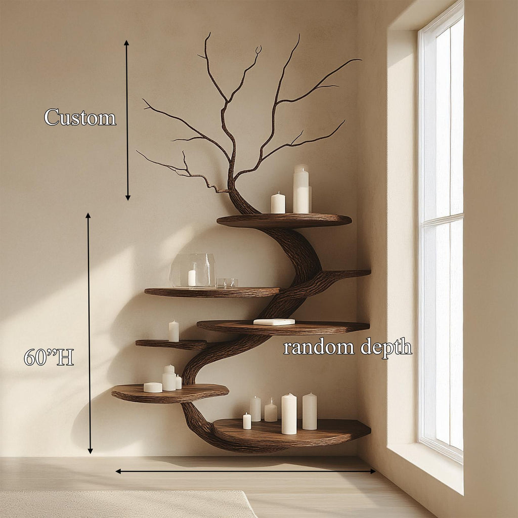 Organic Modern Wall Mounted Wood Display Shelf, Handcrafted Floating Bookcase for Bedroom Living Room Wall Decor