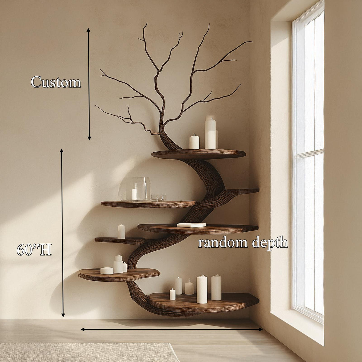 Organic Modern Wall Mounted Wood Display Shelf, Handcrafted Floating Bookcase for Bedroom Living Room Wall Decor
