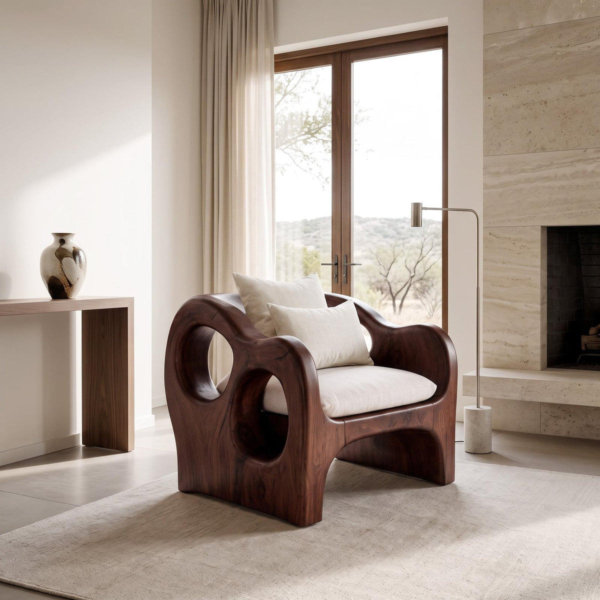 Artistic Sculpted Wooden Armchair, Mid-Century Modern Accent Lounge Chair for Living Room, Model