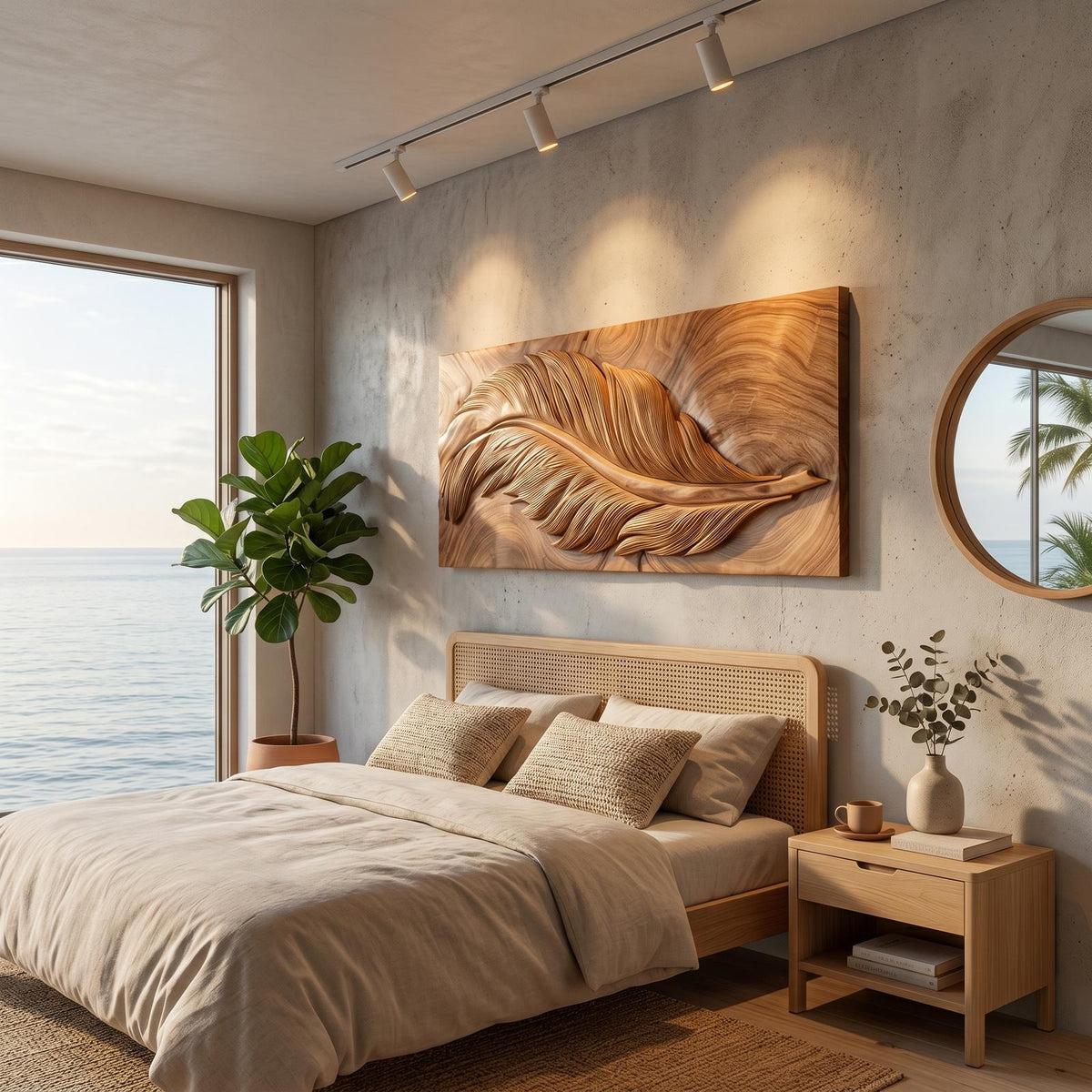 Luxury Wooden Wall Art with Feather Design, Carved Wood Feather Wall Decor Panel