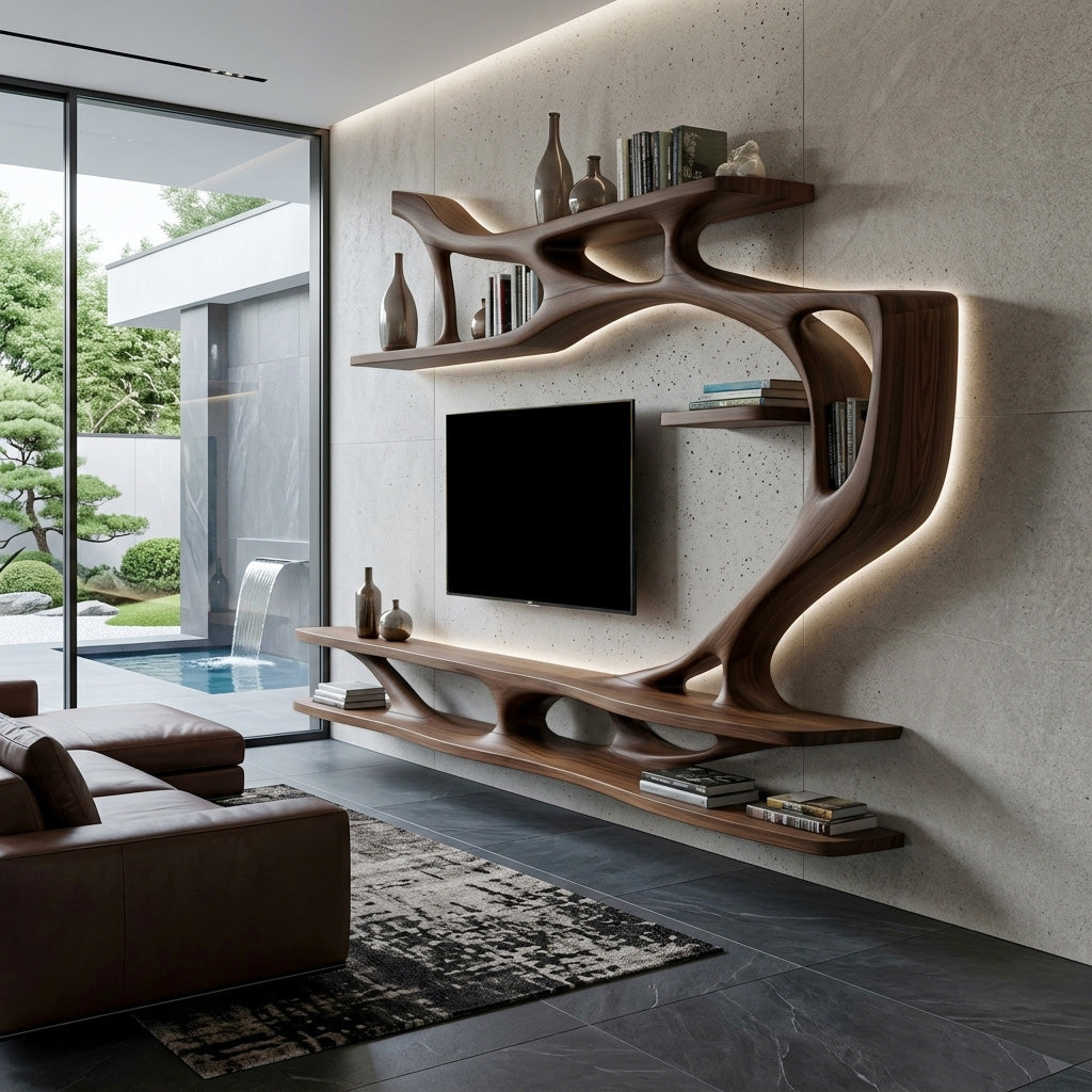 Organic Modern Sculptural Wall Mounted TV Shelf, Floating Wooden Media Storage Console for Living Room