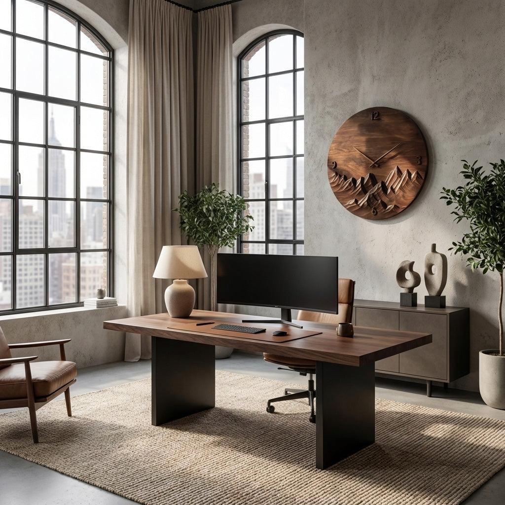 Modern Wall Clock Mountain Landscape, Handcrafted Wooden Hanging Art Timepiece for Cozy Living Room