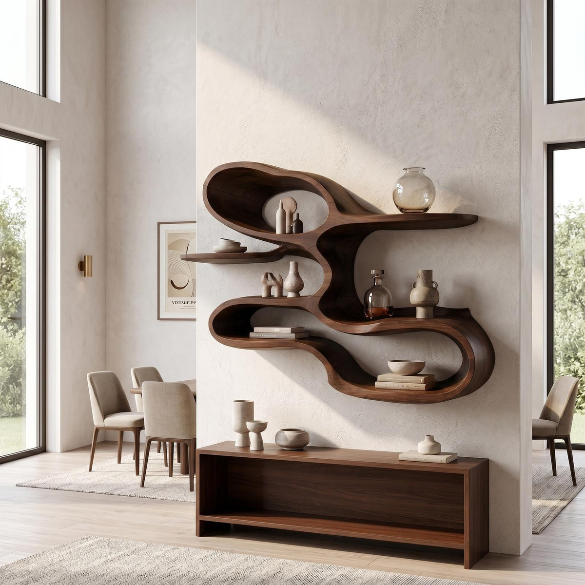 Modern Sculptural Wooden Wall Shelves for Coffee Bar