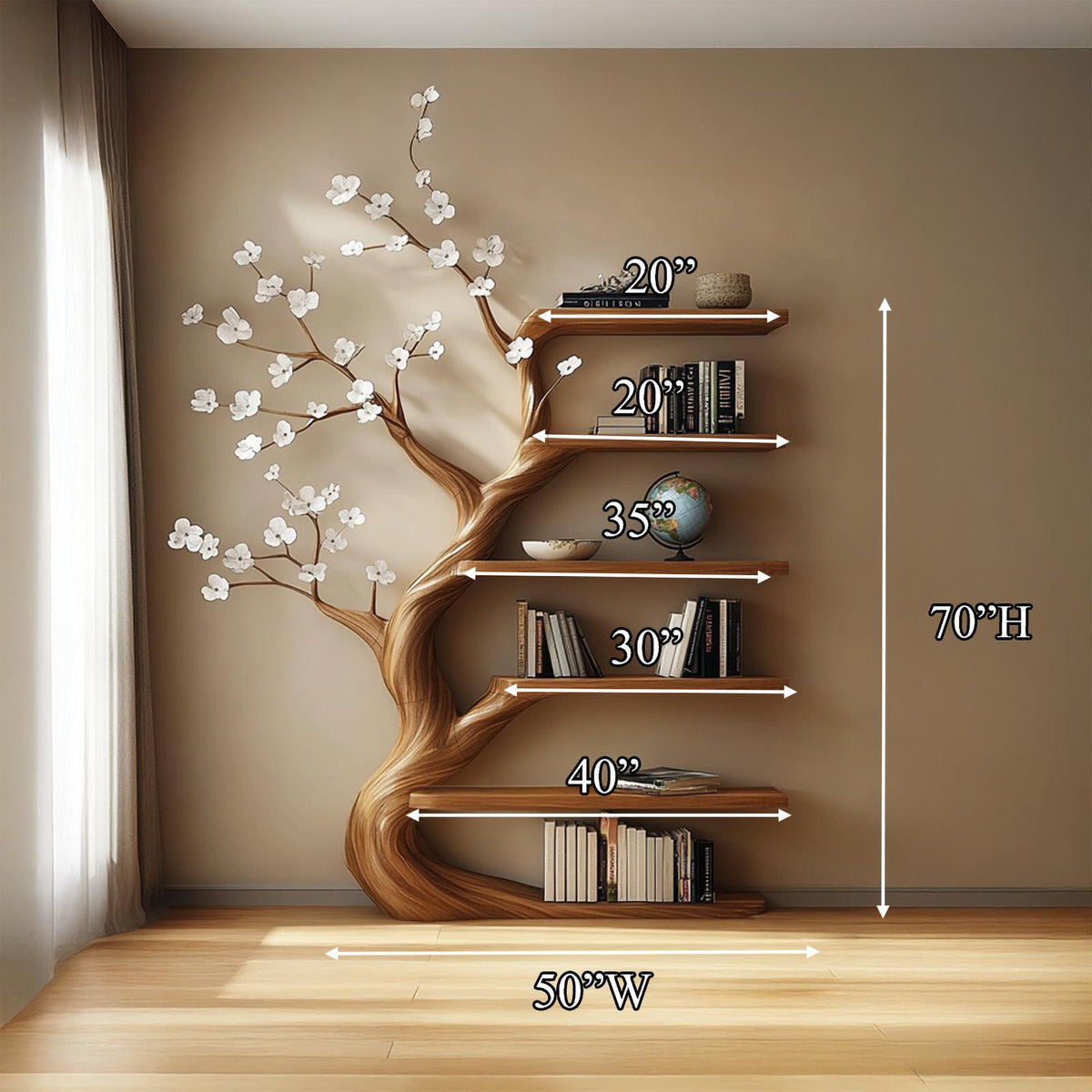 Rustic Tree Bookshelf, Handcrafted Solid Wood Flower Design Wall Mounted Bookcase & Floating Display for Living Room
