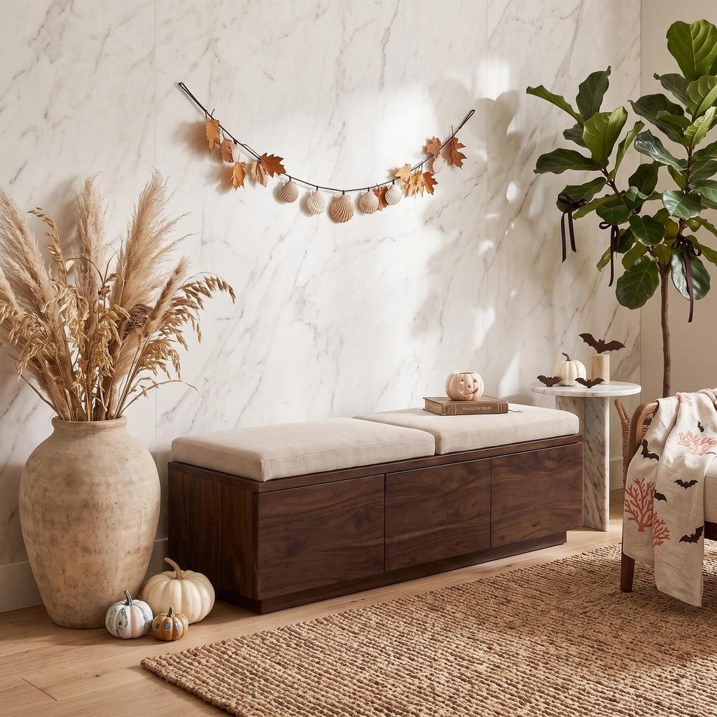 Wooden Storage Bench Cushion For Halloween Bedroom Decor