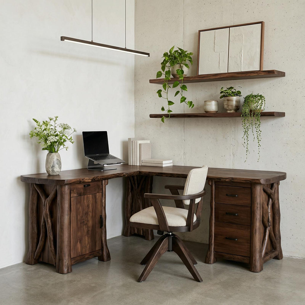 Modern Rustic L-Shape Office Desk with Storage, Solid Wood Corner Workstation, Study Writing Table