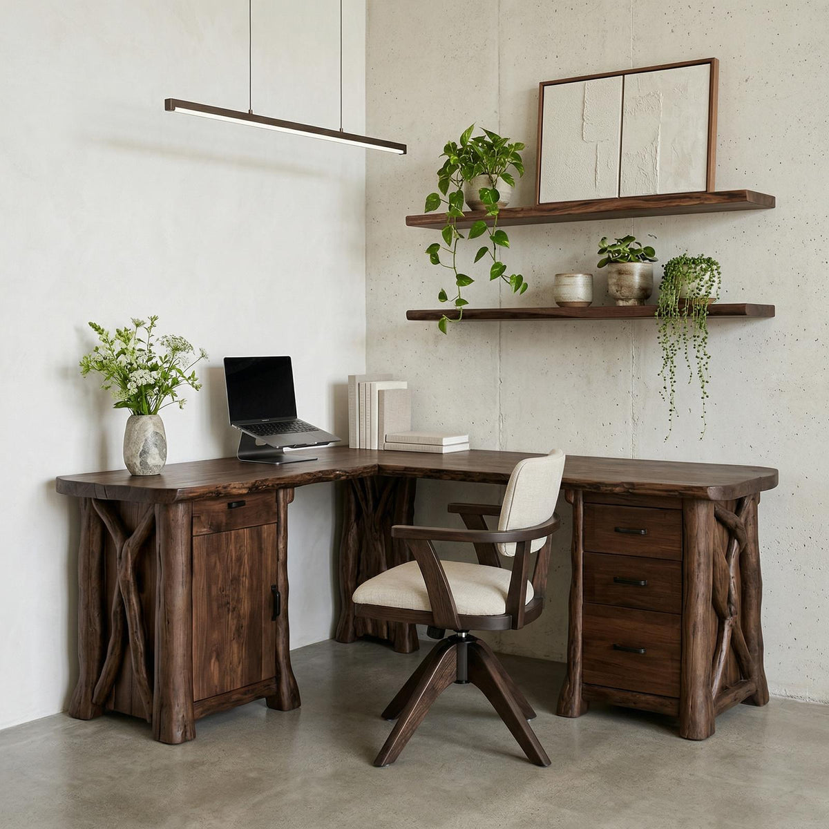 Modern Rustic L-Shape Office Desk with Storage, Solid Wood Corner Workstation, Study Writing Table