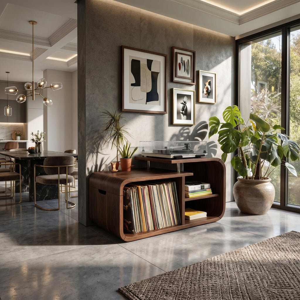 Contemporary Curved Wooden Record Player Stand, Handcrafted Modern Vinyl LP Storage Cabinet & Console, Model