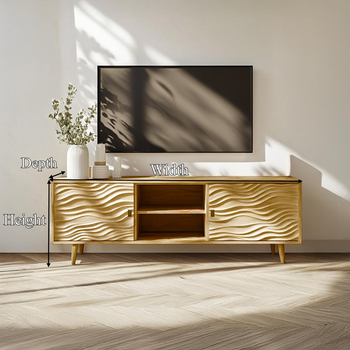 Scandinavian Natural Oak Wood TV Stand, Minimalist Mid Century Media Entertainment Console Cabinet, Model