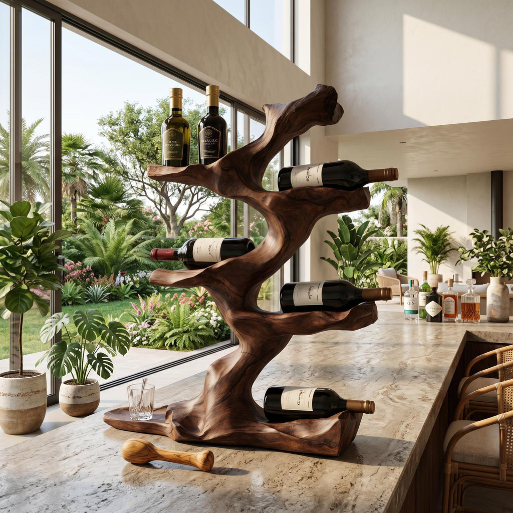 Rustic Wood Wine Holder, Handcrafted Countertop Wine Bottle Rack Stand, Decorative Wooden Display Shelf for Living Room Home Bar