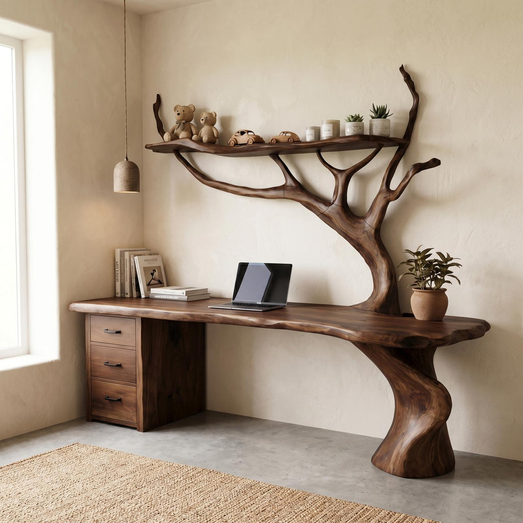 Nature-Inspired Tree Branch Desk, Sculptural Solid Wood Corner Workstation for Home Office, Study Table