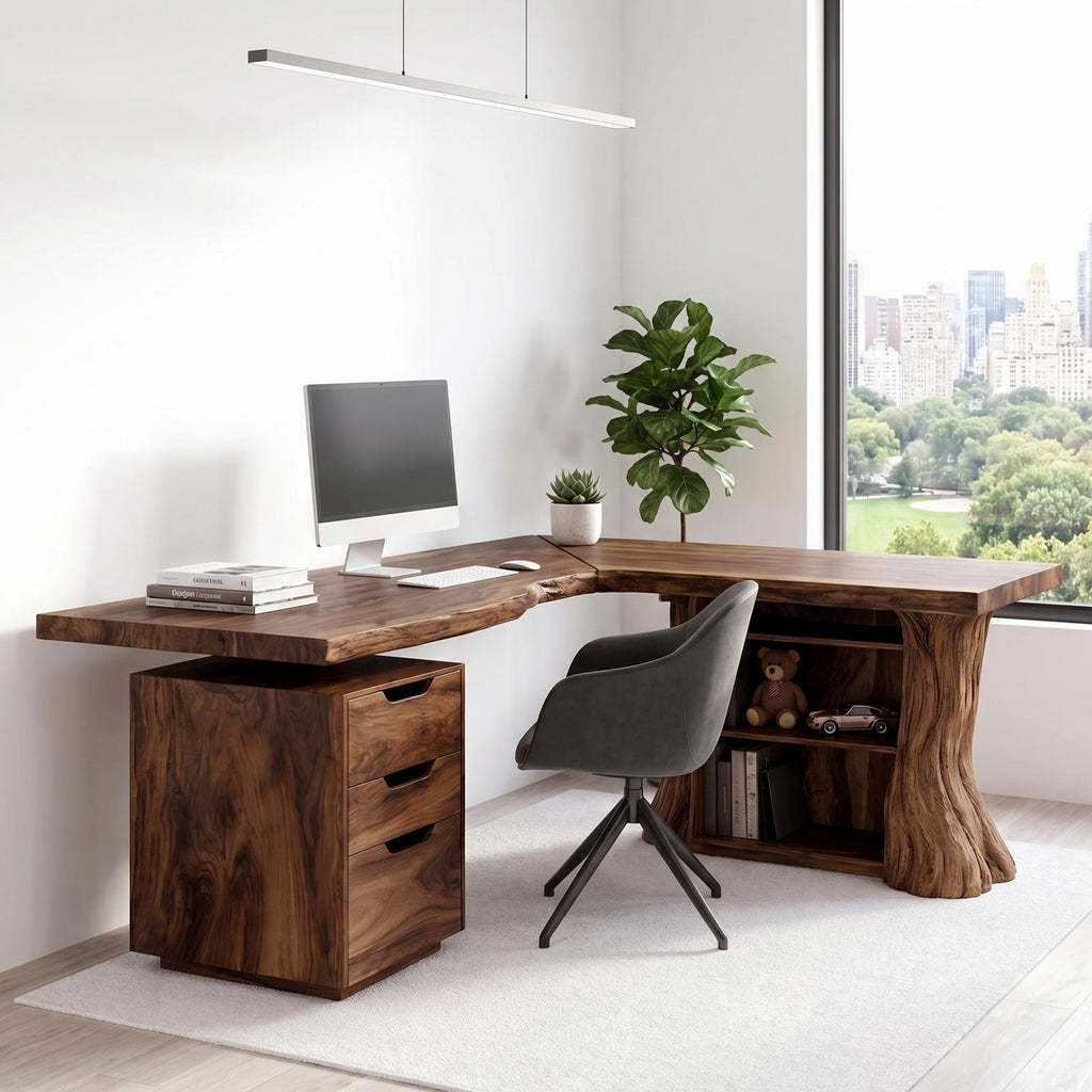 Organic Tree Branch Corner Desk with Integrated Floating Wall Shelf, Solid Wood Home Office Workstation