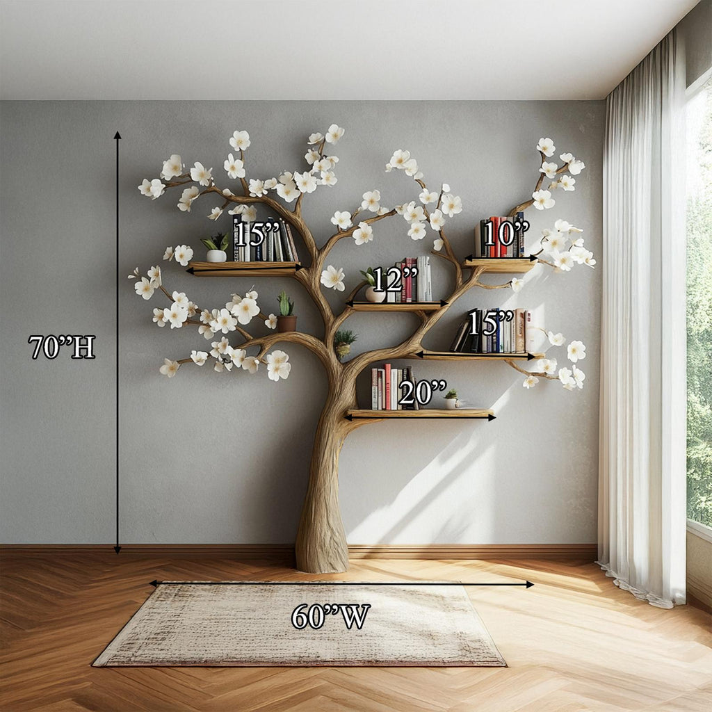 Rustic Flower Tree Wood Bookshelf, Floating Branch Shelf & Wall Display Storage Organizer for Living Room, Bedroom