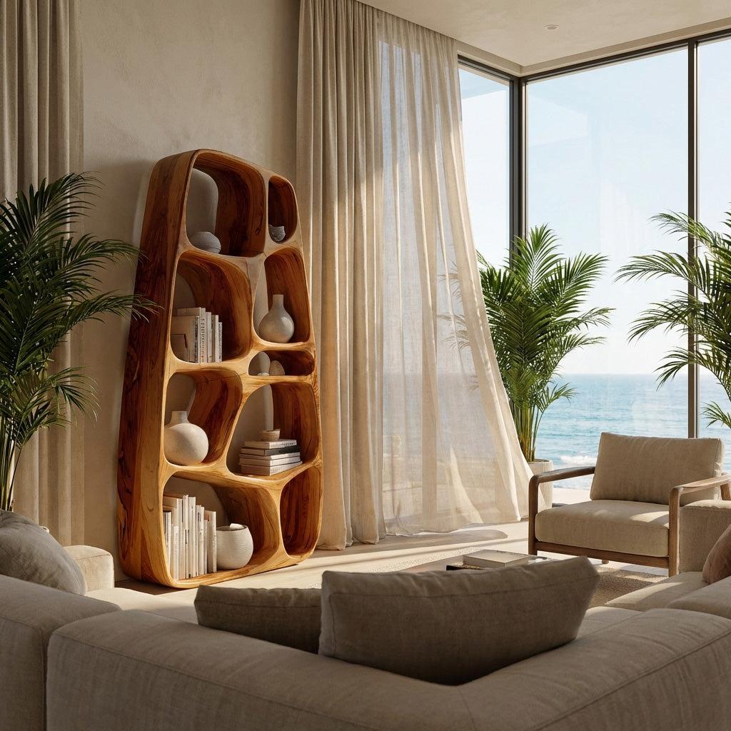Handcrafted Wooden Sculptural Bookshelf, Solid Wood Standing Bookcase for Modern Living Room & Office Decor
