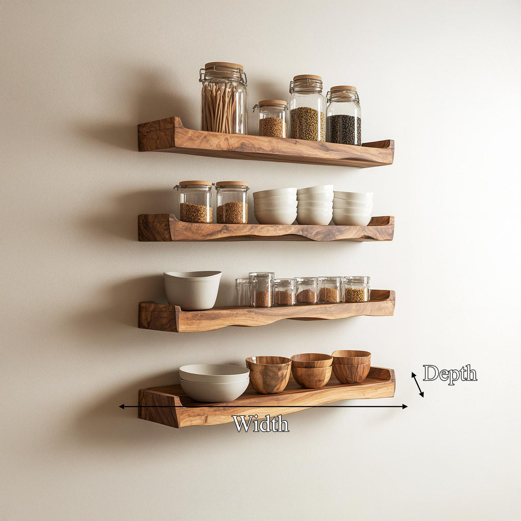 Rustic Wood Wall Organizer Shelf, Handcrafted Floating Spice Rack Cooking Utensils Storage for Kitchen Dining