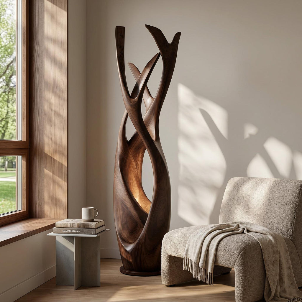 Wooden Floor Lamp, Modern Minimalist Solid Wood Standing Light with Shade for Contemporary Apartment, Model