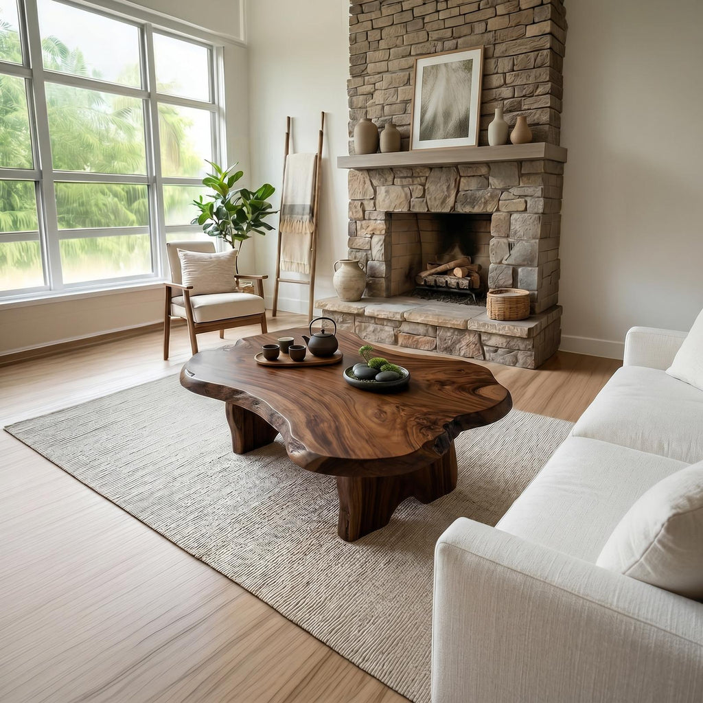 Rustic Live Edge Solid Wood Coffee Table, Natural Wood Slab Center Table for Cabin Fireplace Room and Living Room