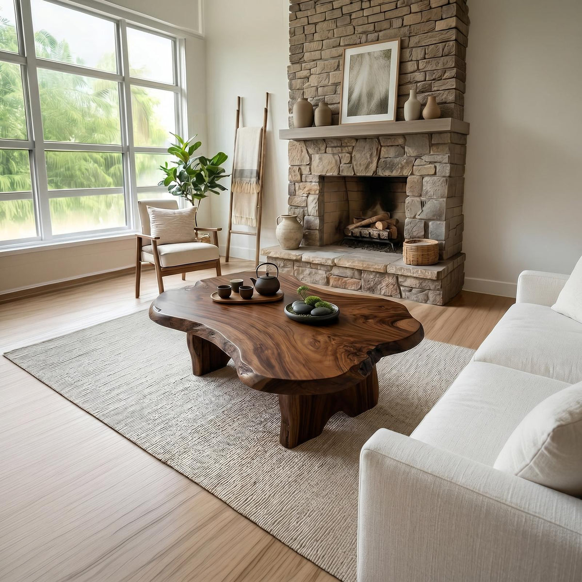 Rustic Live Edge Solid Wood Coffee Table, Natural Wood Slab Center Table for Cabin Fireplace Room and Living Room