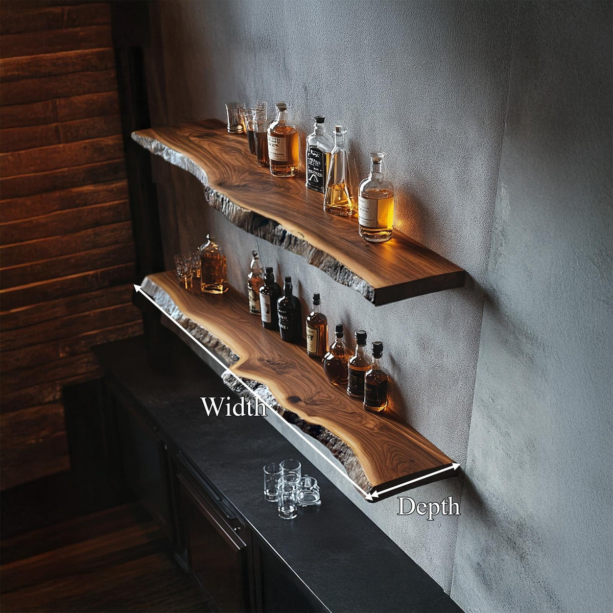Handcrafted Live Edge Bar Shelf Solid Wood Dining Room Interior Storage