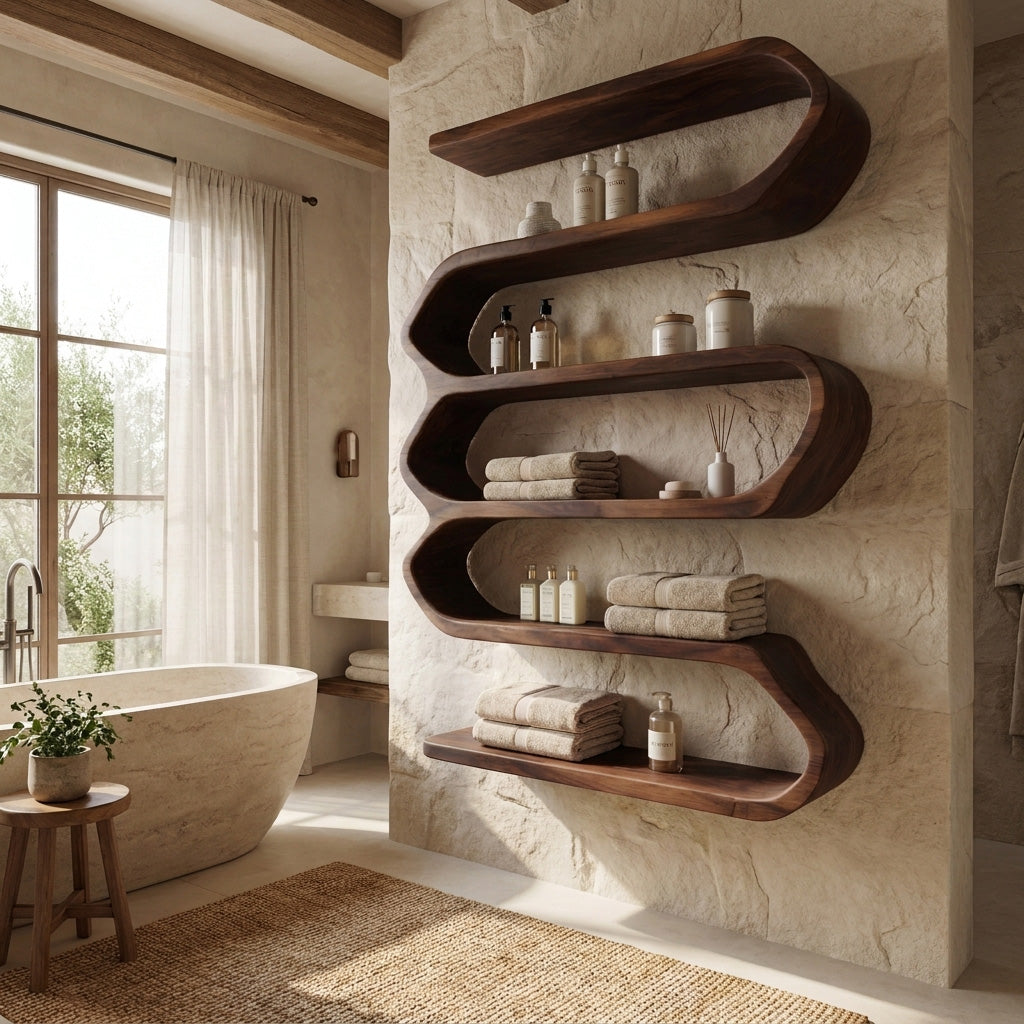 Organic Natural Wood Bathroom Shelf For Spa Style