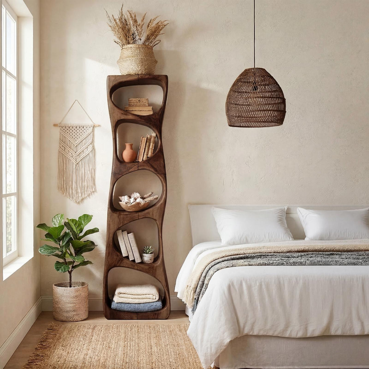 Minimalist Geometric Wood Bookshelf, Handcrafted Freestanding Book Rack Shelf for Entryway Storage Display