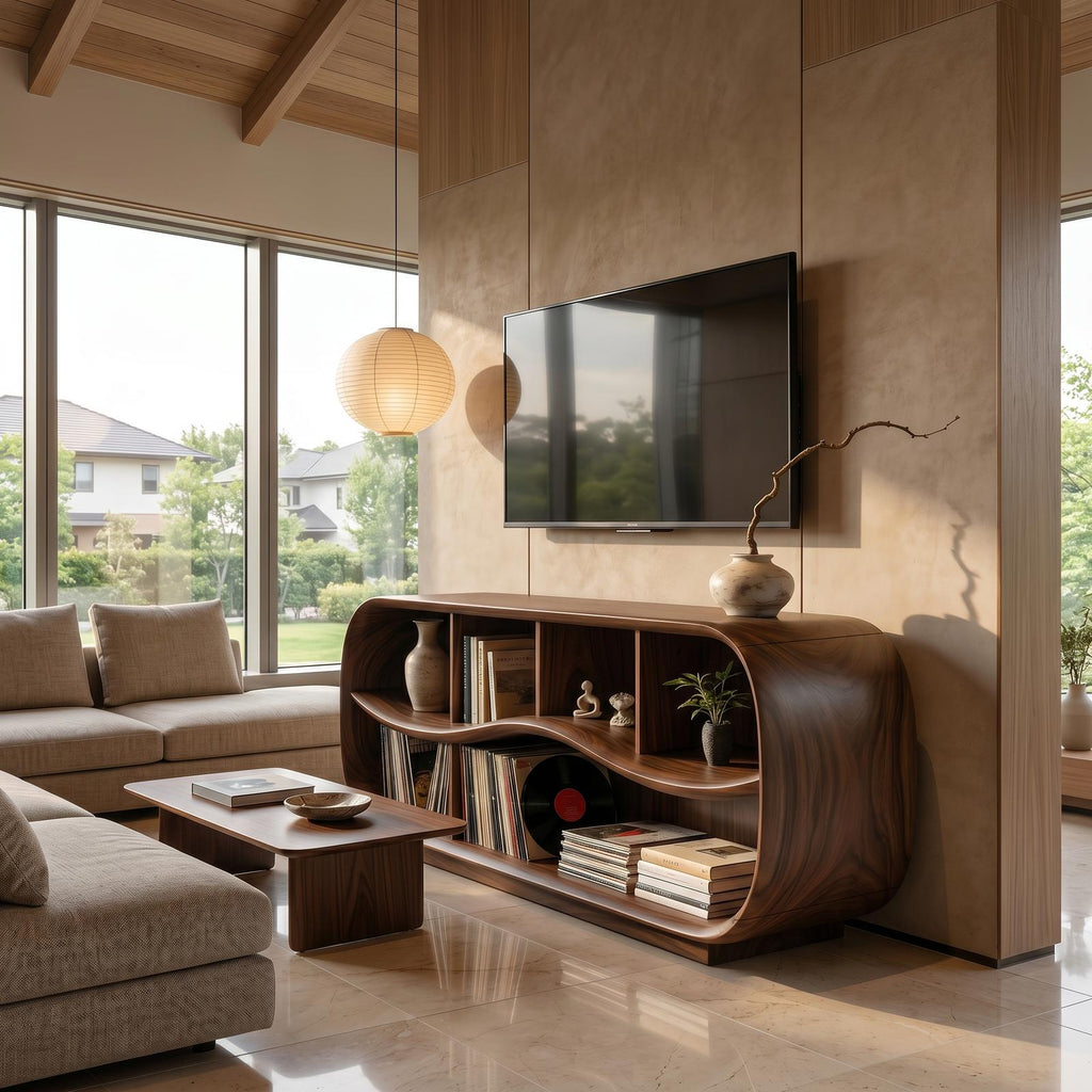 Contemporary Rounded TV Console, Modern Wooden Media Cabinet & Living Room Sideboard