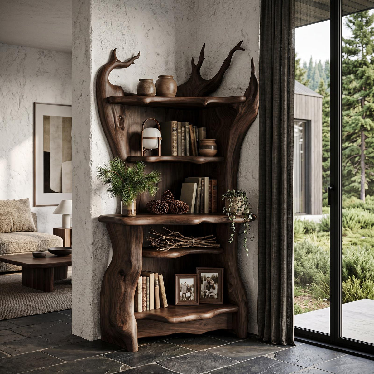 Rustic Corner Bookcase With Live Edge Shelves For Reading Nook