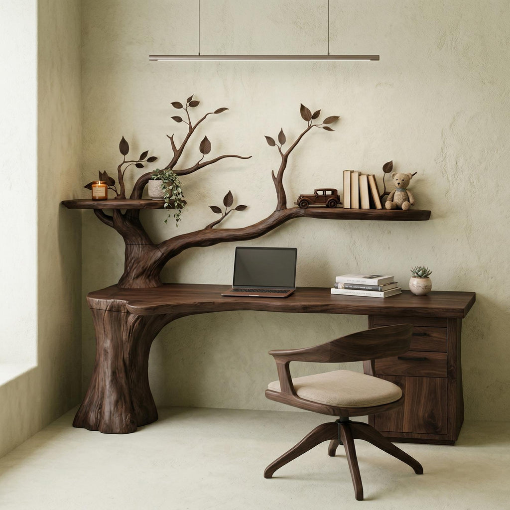 Sculptural Tree Desk With Floating Shelf Natural Branch Design Home Office And Workspace