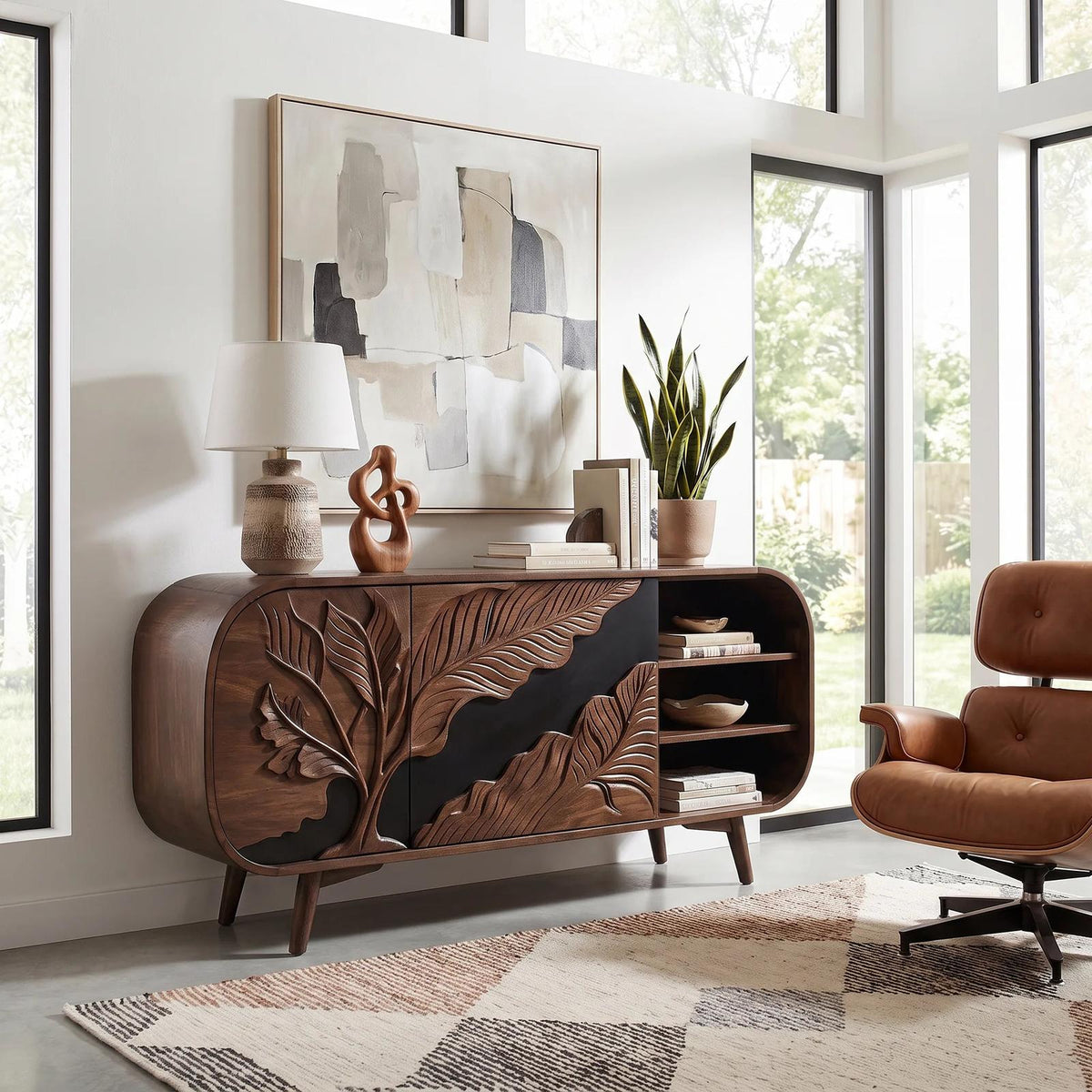 Organic Modern Carved Sideboard Cabinet Living Room