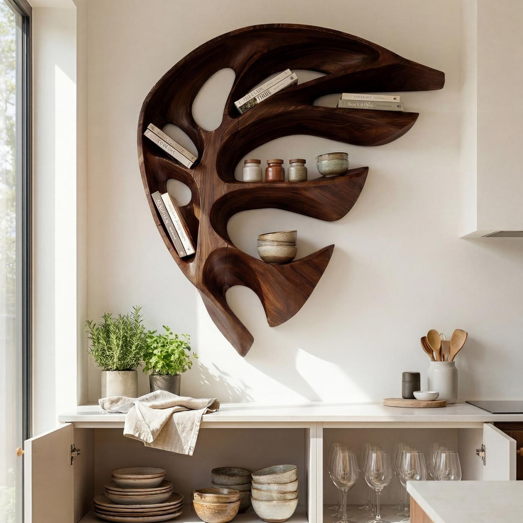Modern Wall Mounted Wooden Floating Shelf, Handcrafted Solid Wood Wall Spice Rack Organizer for Kitchen Storage