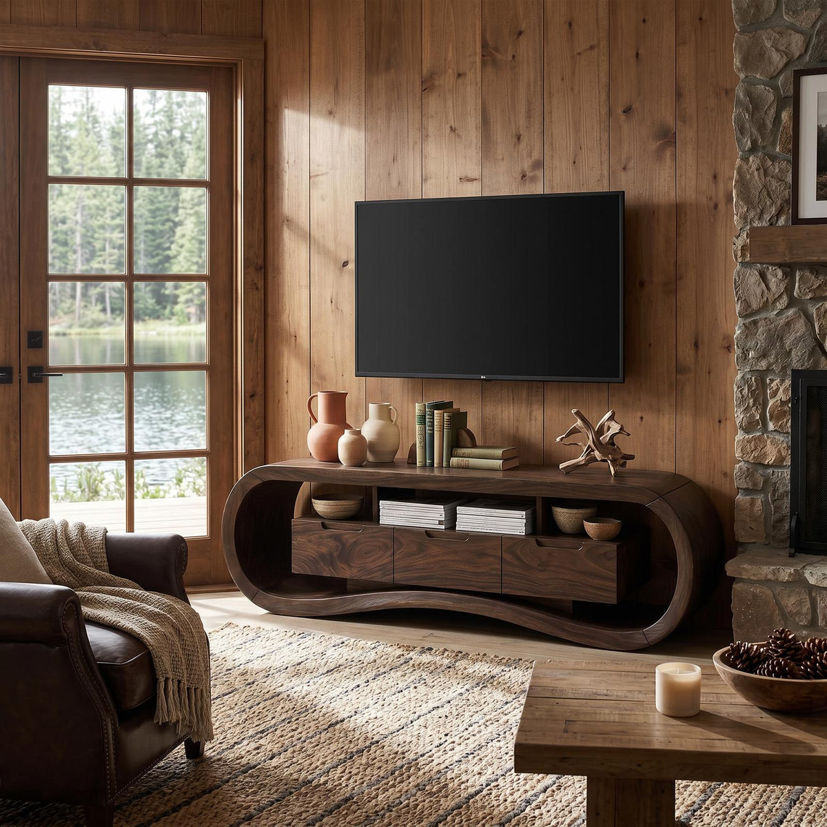 Modern Sculptural TV Stand Console, Handcrafted Solid Wood Media Center Cabinet for Minimalist Luxury Living Room