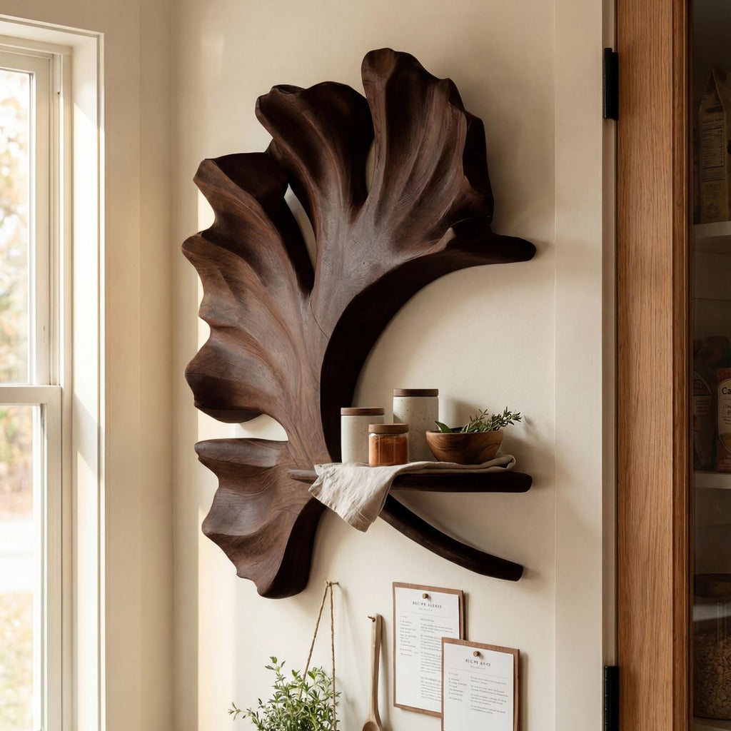 Mid Century Modern Wall Shelf, Floating Solid Wood Spice Rack & Pantry Kitchen Storage Organizer Display Shelving