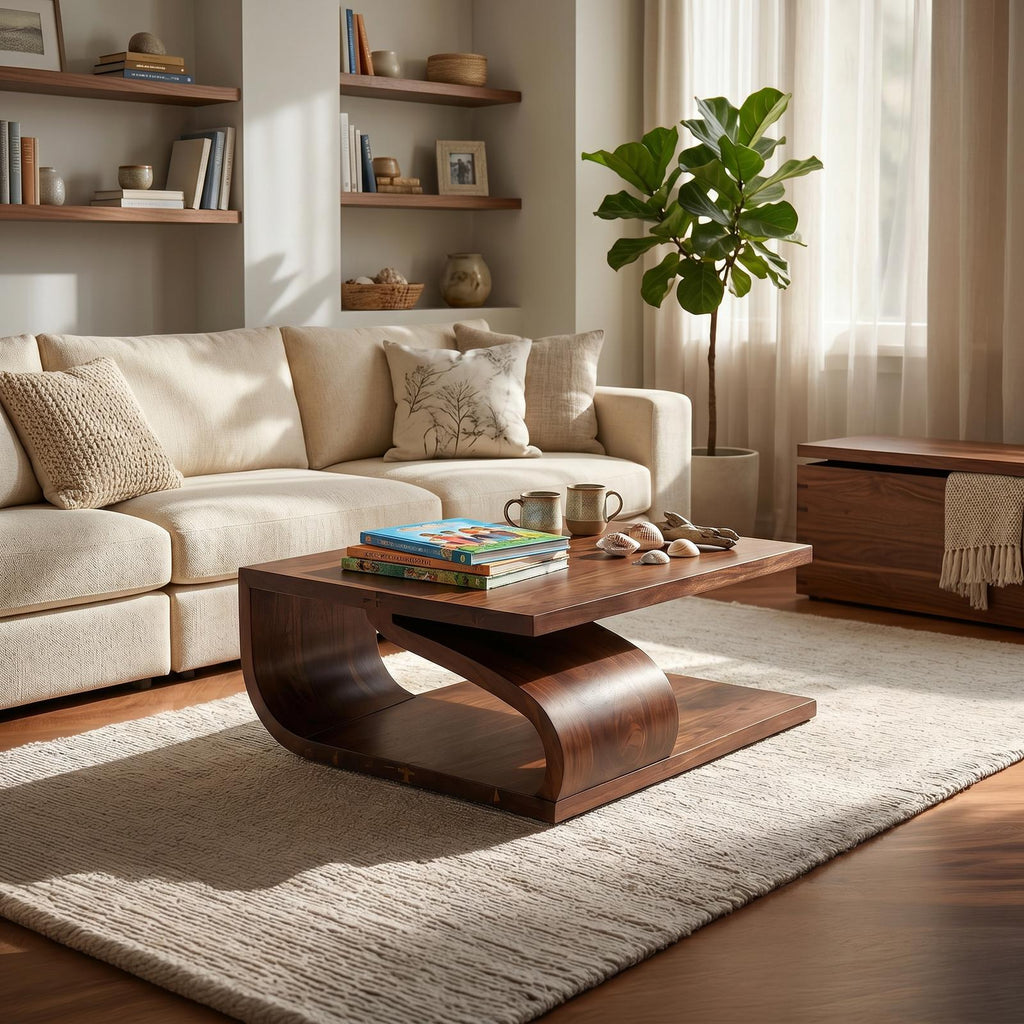 Modern Curved Base Wood Coffee Table, Solid Wood Sculptural Center Table for Apartment Living Room, Minimalist