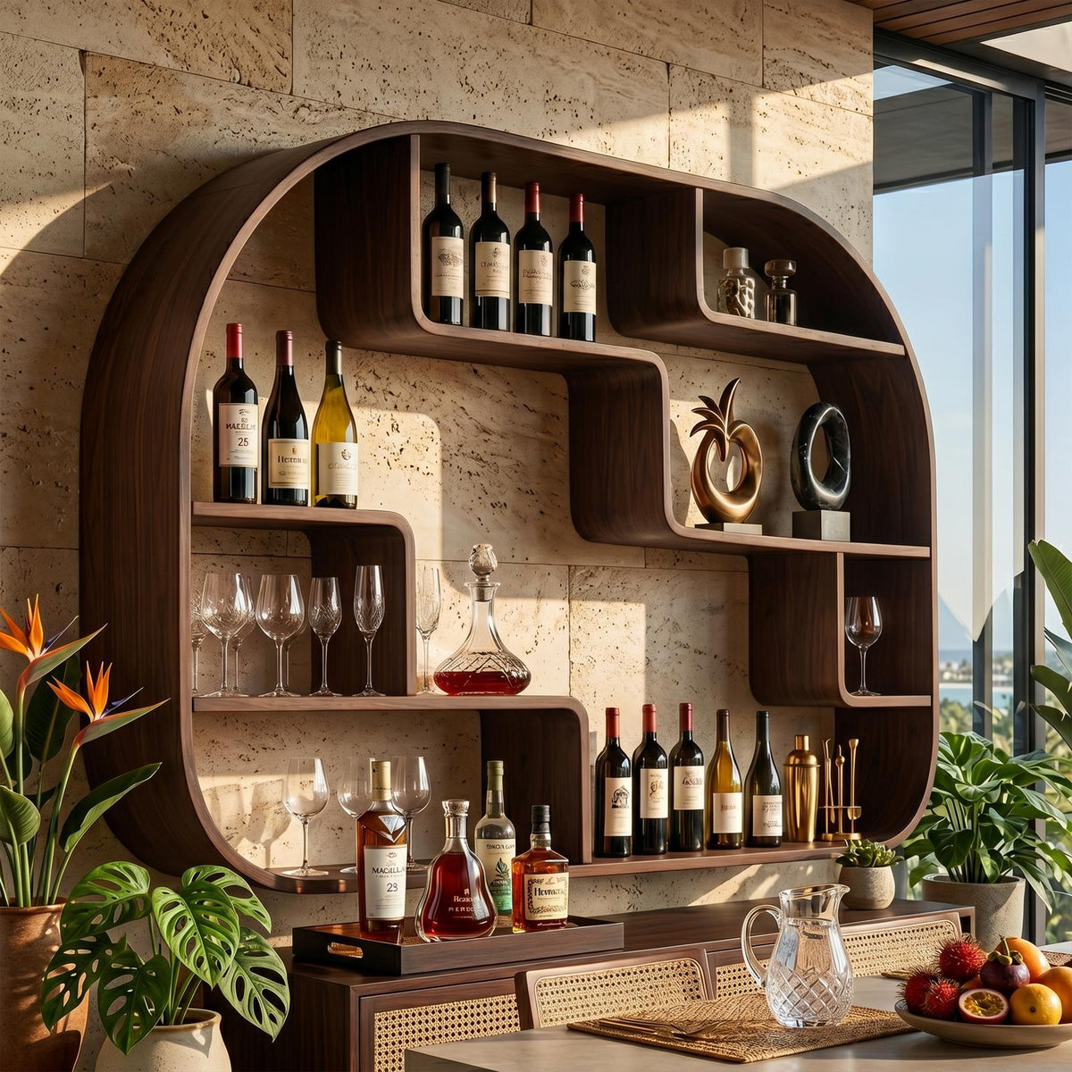 Boho Wall Mounted Wine Holder, Handcrafted Floating Wood Bottle Rack & Accent Storage Feature for Dining Space